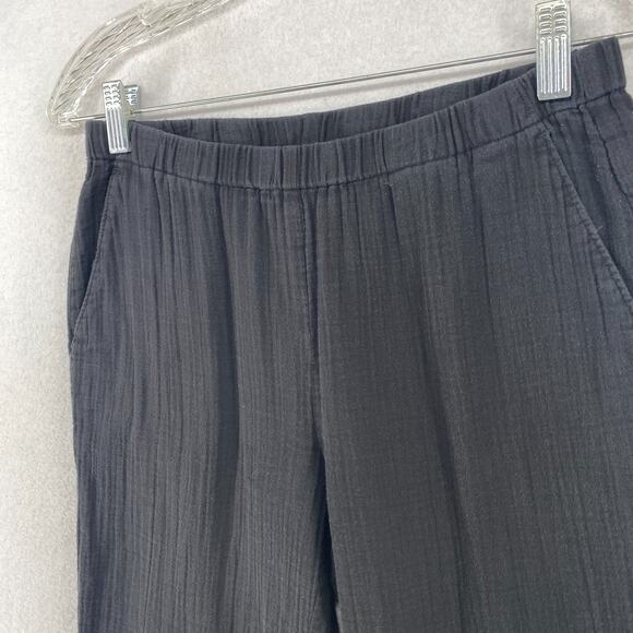 EILEEN FISHER Pants PP Organic Cotton Crinkle Gauze Tapered Ankle Pull On Black - Picture 4 of 14